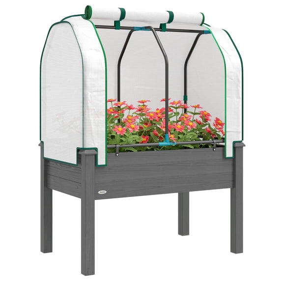 Raised Garden Bed with PE Greenhouse Cover, Fir Wood and Steel Outdoor Planter Box for Vegetables and Herbs, 35 x 22 x 47 inch, Dark Gray