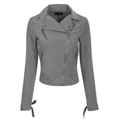 Faux Suede Zip Jacket Made by Olivia Women's Lightweight Faux Suede Lace-Up Sleeve Zip Up Moto Biker Jacket Gunmetal S ()