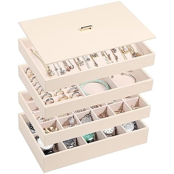 Stackable Jewelry Organizer Tray with Lid, PU Leather Jewelry Storage Holder for Drawer Inserts, Jewellery Display Box Case for Earring Necklace Ring Watch Bracelet (Set of 4, Apricot)