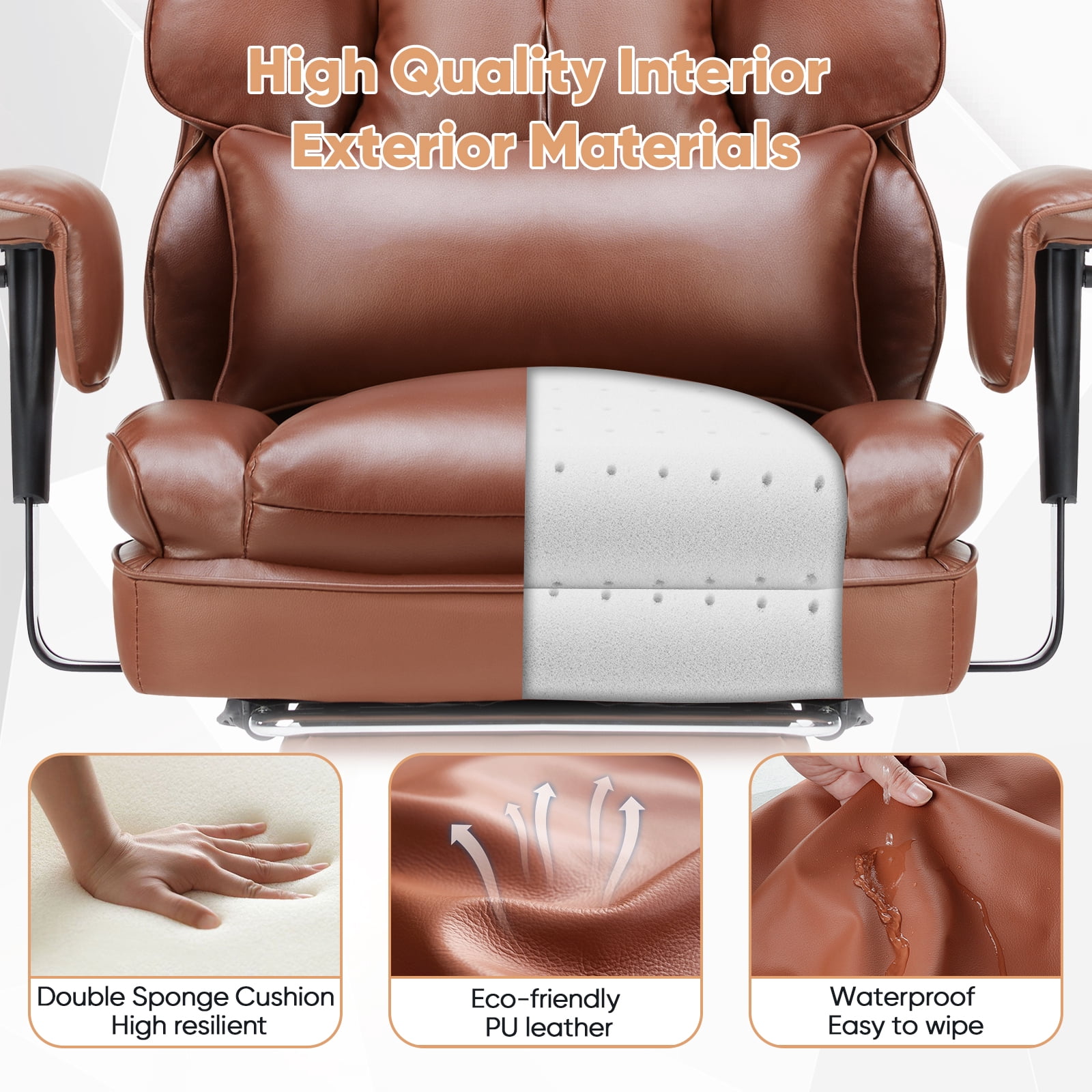 GIANNA Executive Home Office Desk Chair with Swivel Wheels, Footrest & Lumbar Support, Reclining Height Adjustable, Brown