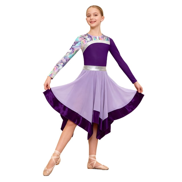 inlzdz Robe de Danse Imprimée pour Filles, Manches Longues, Bloc de Couleur, Asymétrique, Liturgique, Église, Rose 16