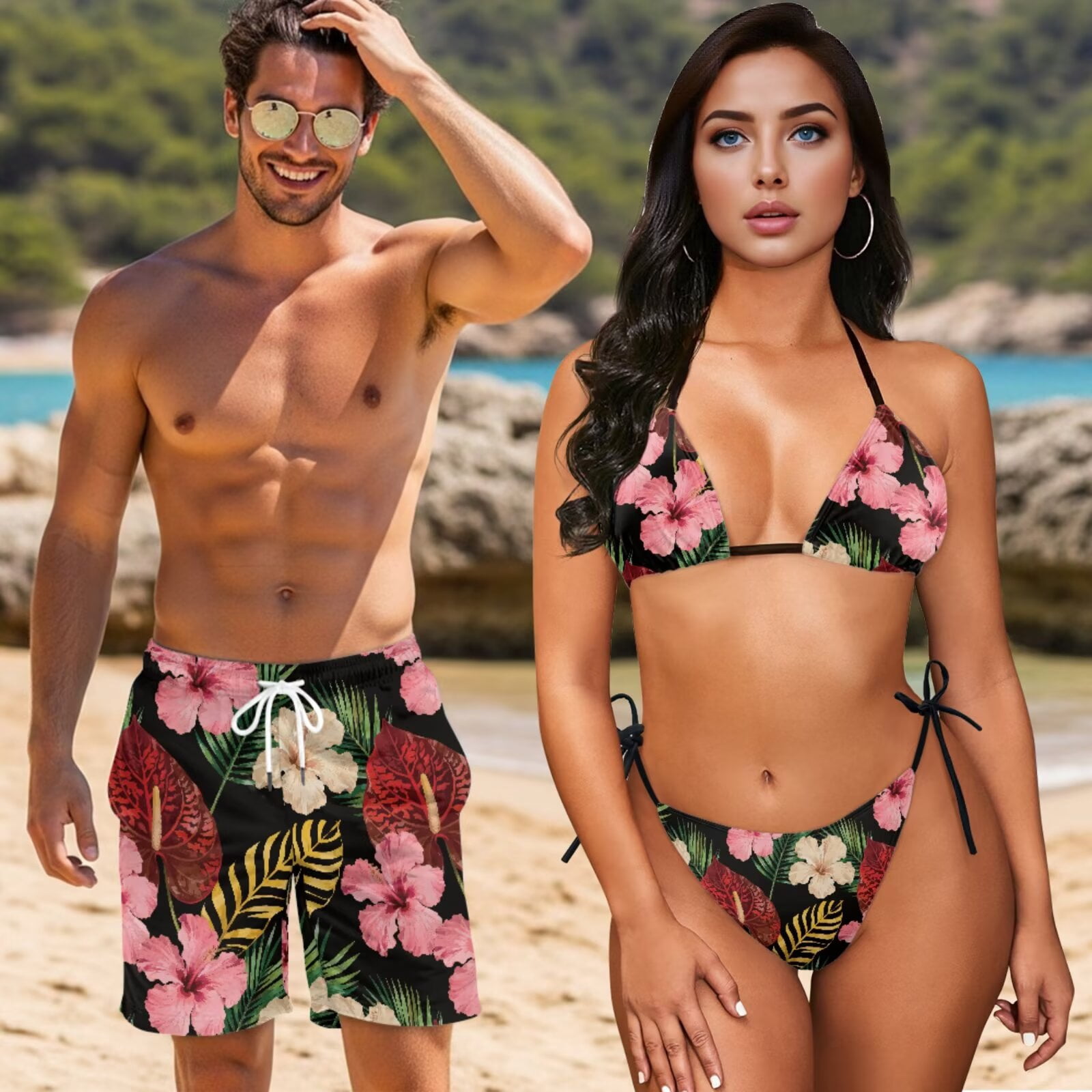 Uourmeti Art Hibiscus Floral Print Couples Matching Swimsuits Tropical Blossom Bikini for Women Mens Board Shorts Swimming Trunks Husband and Wife Vacation Bathing Suit Beachwear