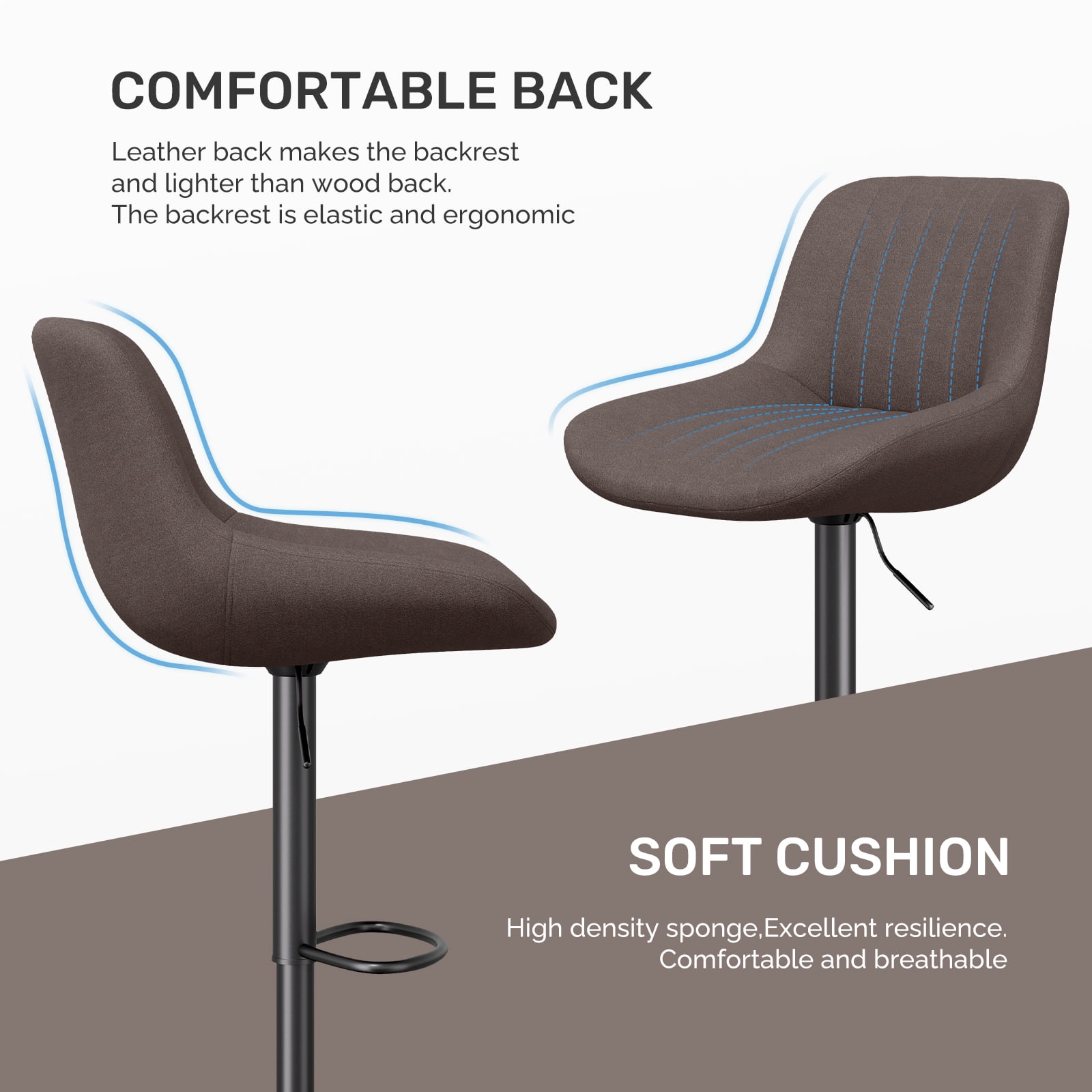 Daluvenix Adjustable Bar Stools Set of 2, Swivel Kitchen Bar Chairs with Back, Modern Tech Fabric Island Chairs for Home Kitchen, Brown