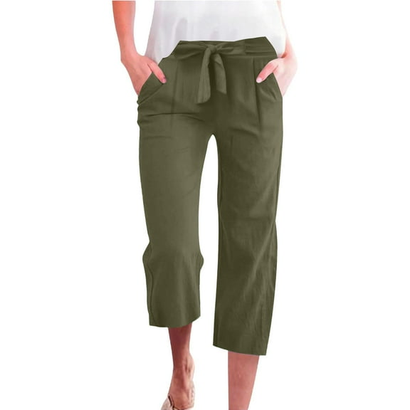 Pants Women Tie Front Plus Size High Waisted Dress Pants Business Casual Straight Leg Work Capris With Pockets Olive Green