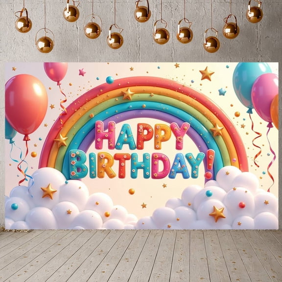 Rainbow Design Banner Star Decorated Birthday Party Display Colorful Balloons Floral Accents Party Celebration Backdrop for Birthday Parties Kids Celebrations Photo Backdrops