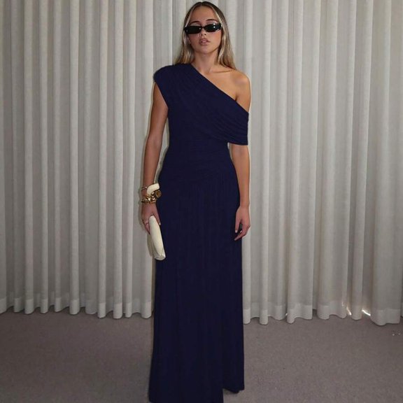 Navy Blue Women One Shoulder Ruched Maxi Dress Asymmetrical Draped Neck Slim Fit Evening Party Gown