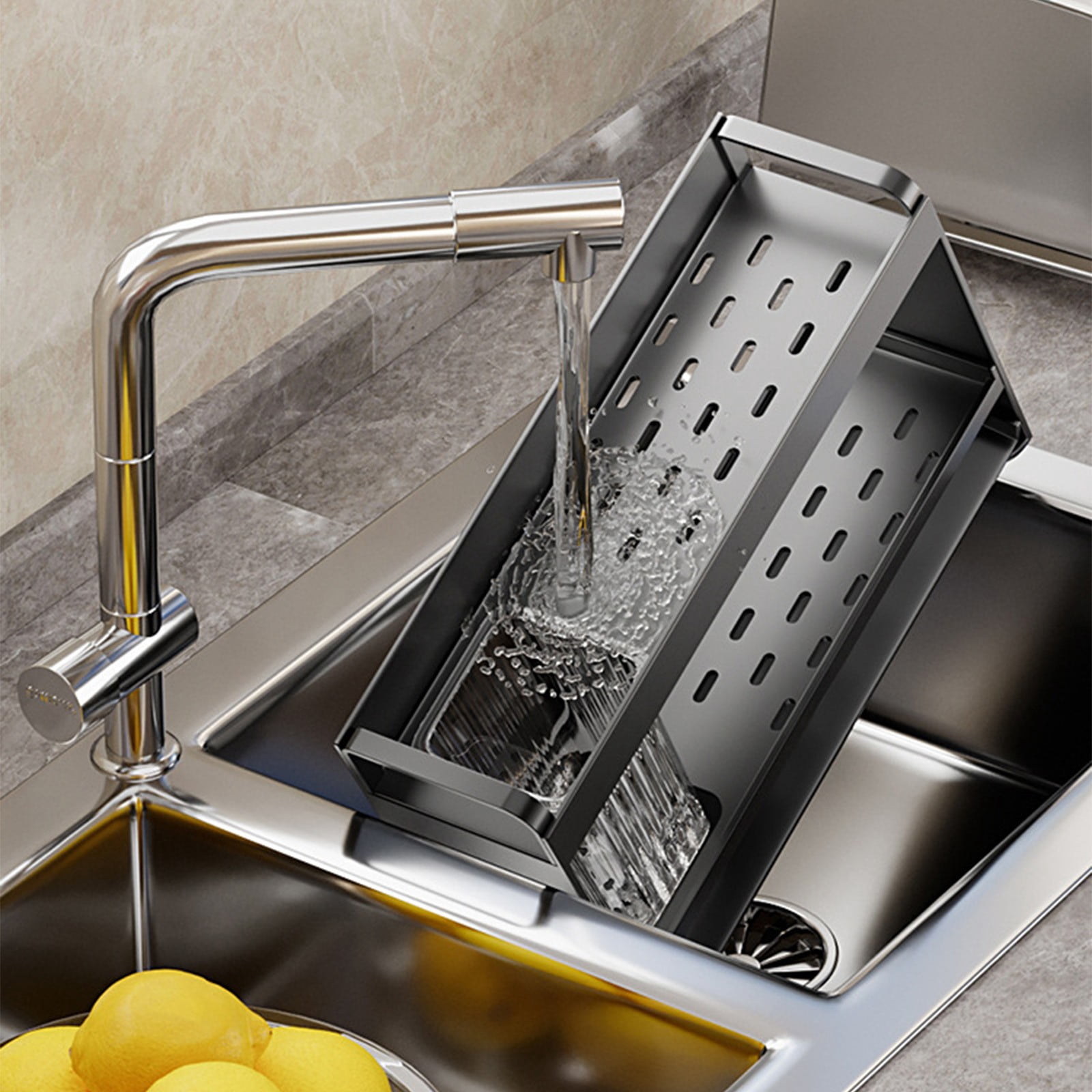 Stainless Steel Sink Organizer - Countertop Dish Drying Rack for Sponges Brushes - Rustproof Kitchen Storage with Non-Slip Base for Stable Placement