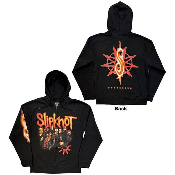 Slipknot Unisex Zipped Hoodie Sweatshirt TESF Group Photo Nonagram (Black) (Back Print)