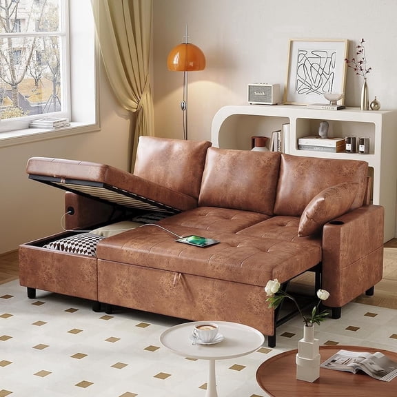 YODOLLA Sofa Bed, 3 in 1 Sleeper Sofa with Storage & USB Charging Cup Holders Chair, Faux Leather L Shape & Sectional Pull Out Sofa Bed Mid Century Modern Couch for Living Room Clearance, in Brown