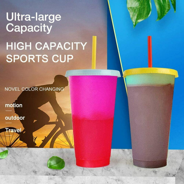 Tumblers with Lids (4 pack) 24oz Colored Changing Reusable Cups with Lids  and Straws
