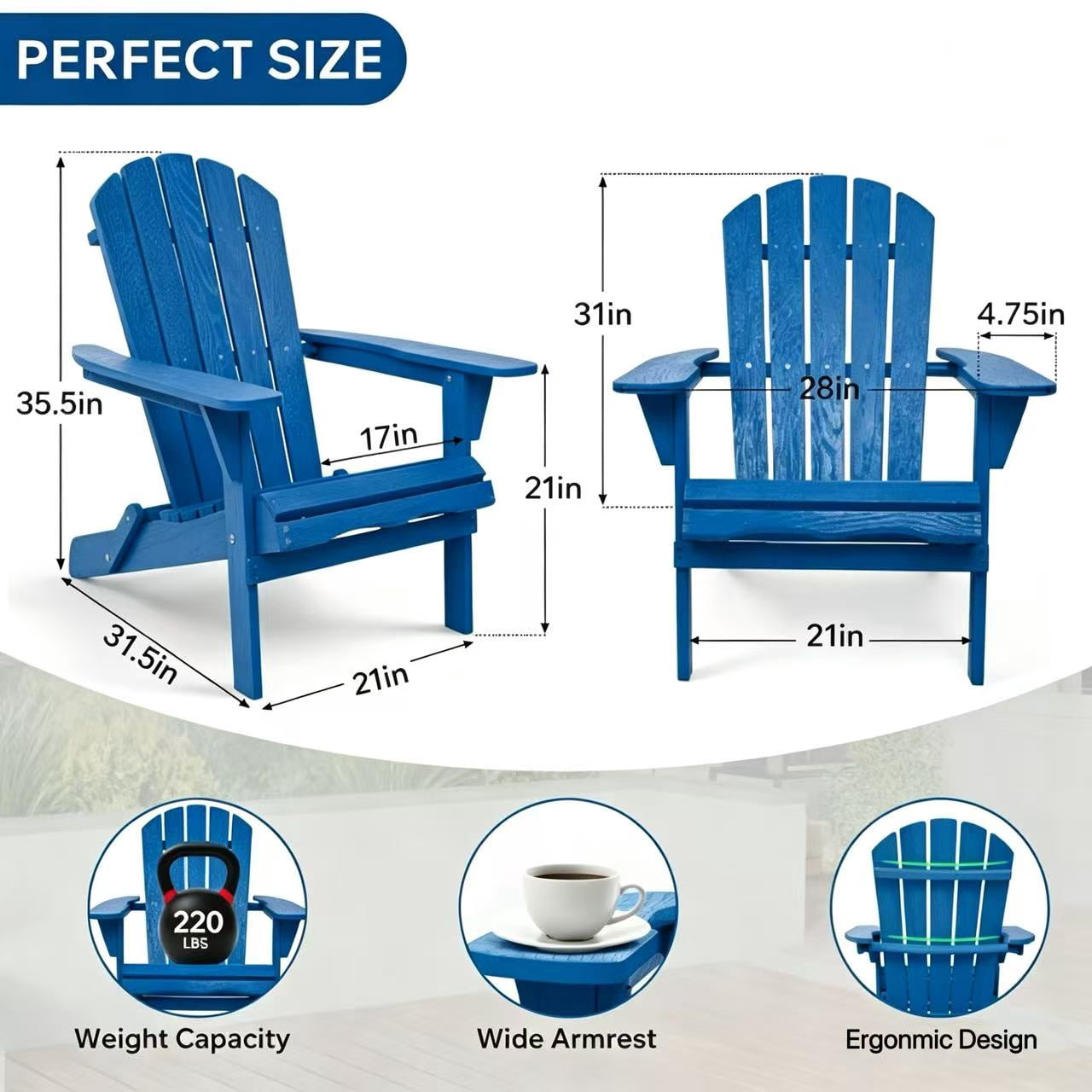 AISWORD Outdoor Folding Embossed Adirondack Chair, Pre-Assembled BackRest Wood Lounge Chair, Navy