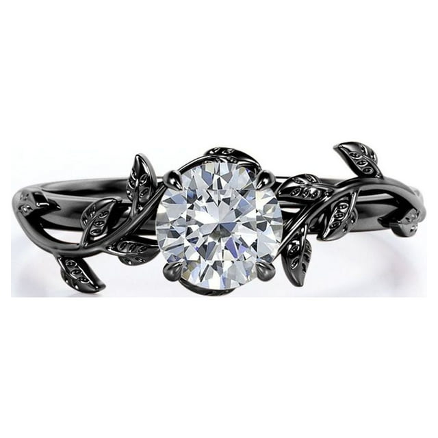 Anillo de compromiso bohemio JeenMata de moissanita de corte redondo de 0,50 quilates - Anillo de promesa vintage de moissanita - Chapado en oro negro