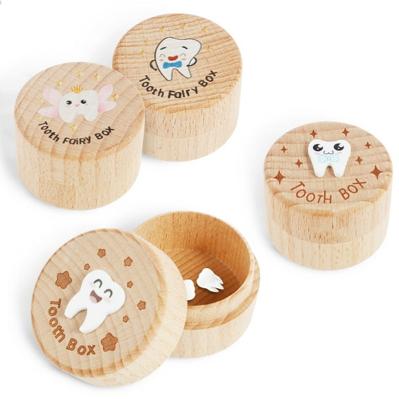 Austok 4 Pcs Tooth Box Wood Tooth Keepsake Box for Dropped Teeth Storage Cute Teeth Box Exquisite Teeth Keepsake Box for Little Boys Girls