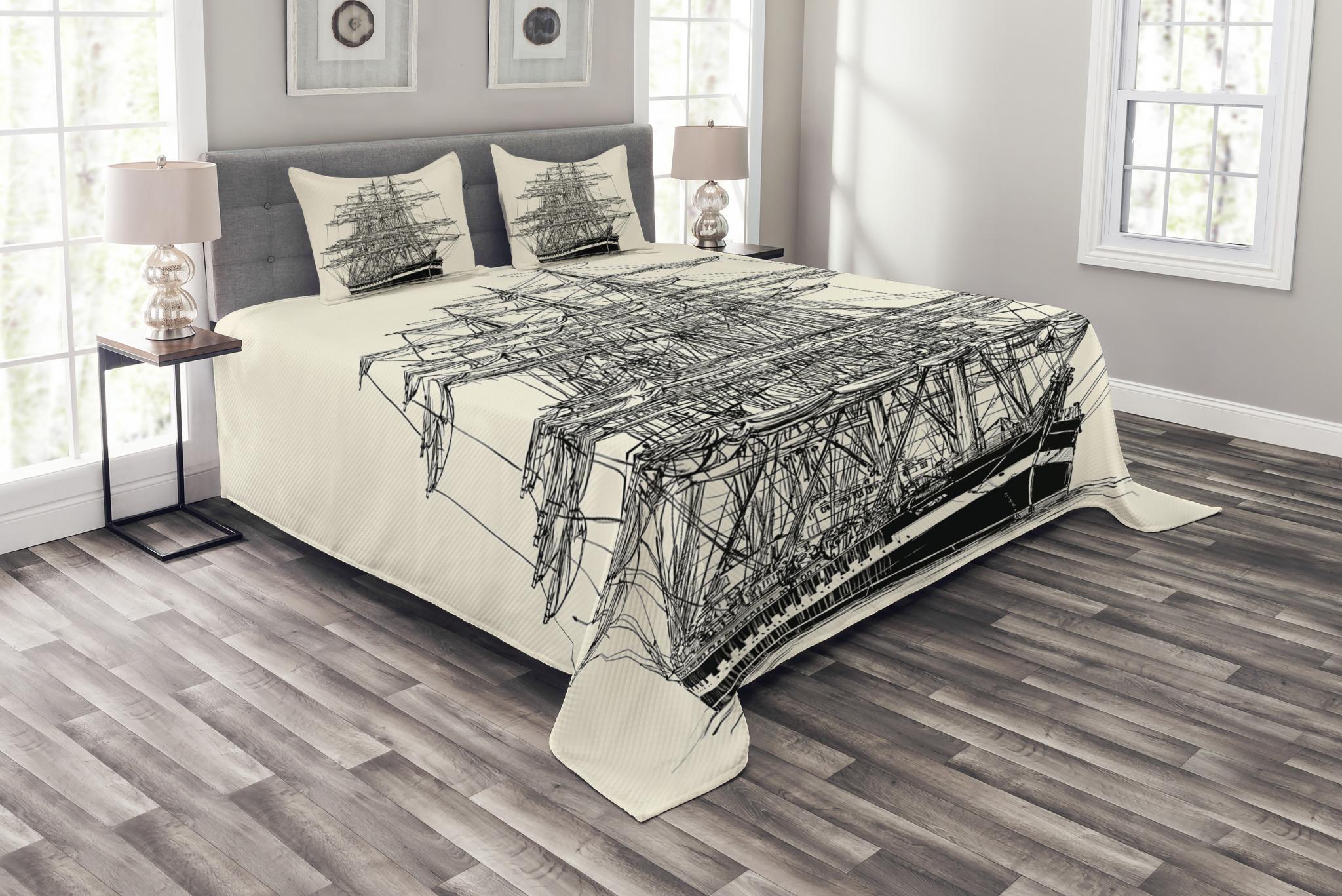Pirate Ship Bedspread Set King Size, Sailing Boat Detailed Illustration
