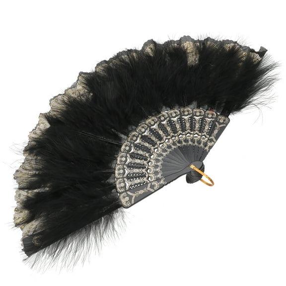 ifundom Black Folding Fan with Elegant Plumes and Tassel, Lightweight Portable Hand Fan for Wedding and Special Events