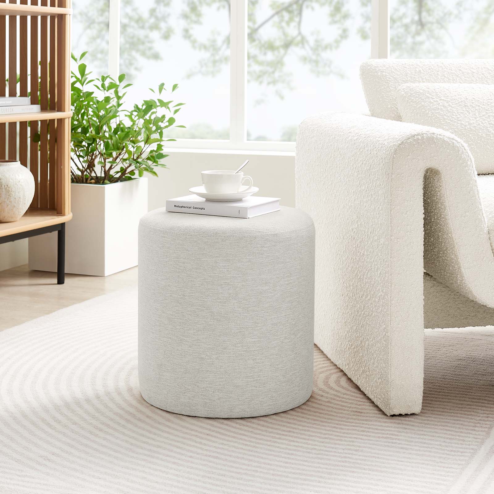 Callum 16" Round Woven Heathered Fabric Ottoman in Heathered Weave Ivory