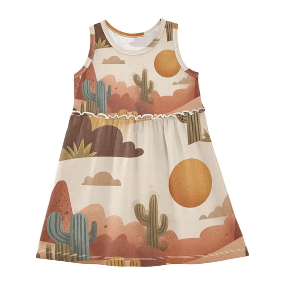 Girls Dress Desert Cactus and Sun Sleeveless Dress for Girls Hem A-Line Casual Sundress