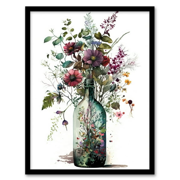 Elegant Floral Bouquet in Wine Bottle Vase Watercolour Painting Orange and Purple Spring Flower Blooms Art Print Framed Poster Wall Decor 12x16 inch