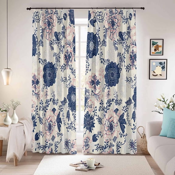 Navy Blue Floral Blackout Curtains for Bedroom/Living Room, Pinch Pleated Black Out Curtains, Vintage Watercolor Botanical Flower Leaf Room Darkening Window Drapes with Hooks 2 Panels, 39"x70"