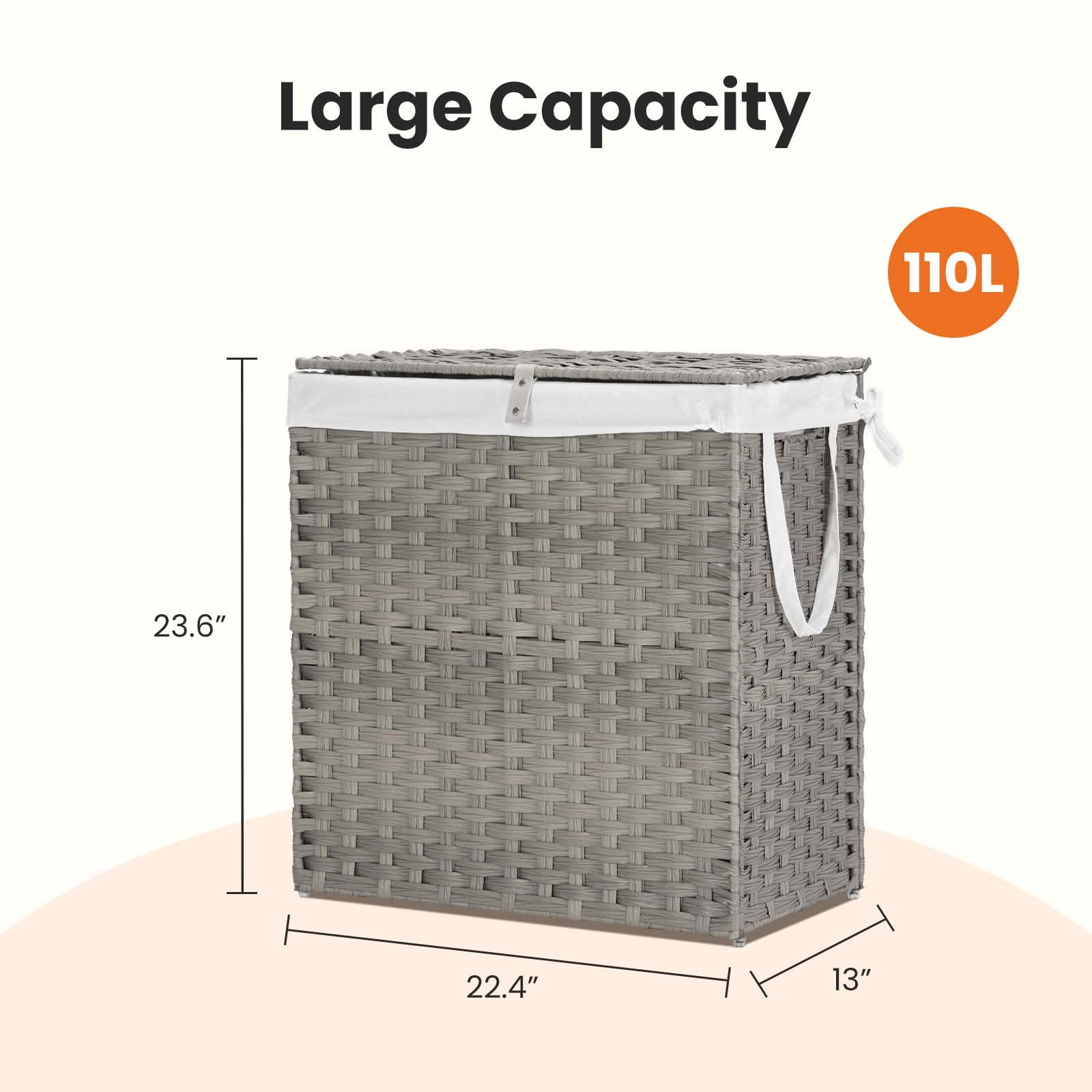 MAYEERTY 110L Hand-Woven PP Rattan Laundry Basket with Lid, Foldable with Compartments Handles