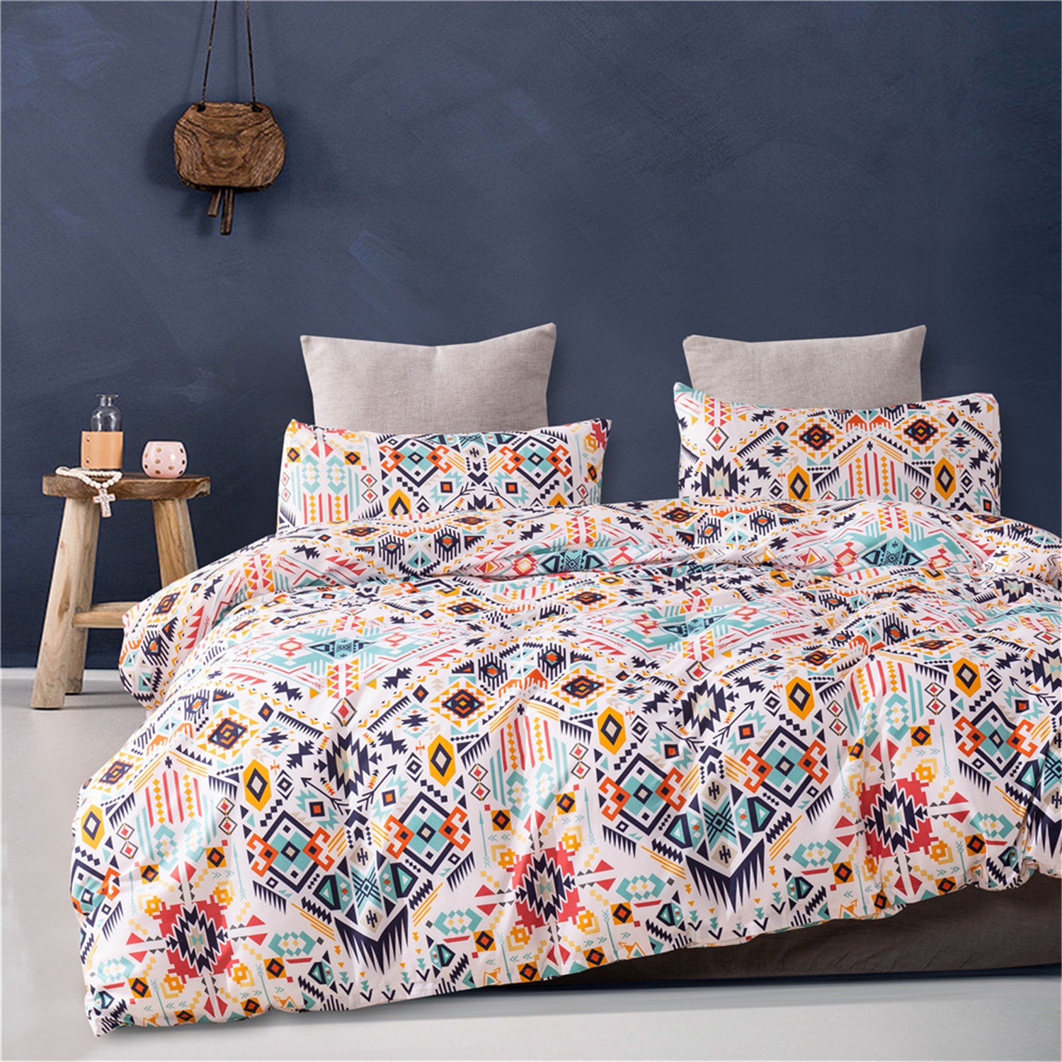 Abstract Geometric Duvet Cover Set,Ethnic MulticolorMicrofiber Soft
