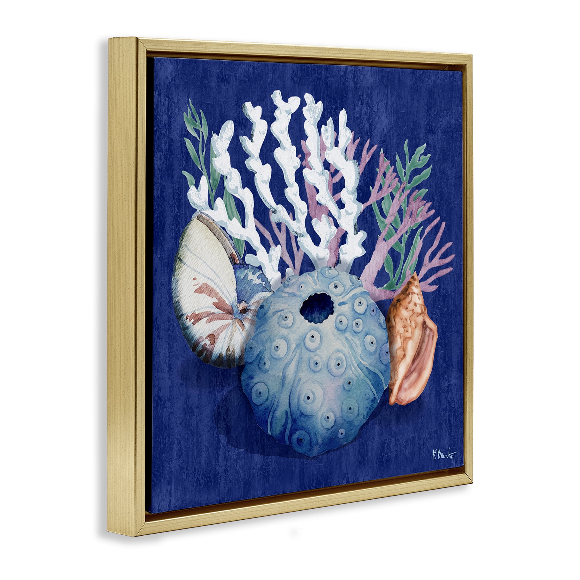 Stupell Industries Sea Urchin & Coral Coastal Painting Gold Floater Framed Canvas Art Print Wall Art, 25 x 25