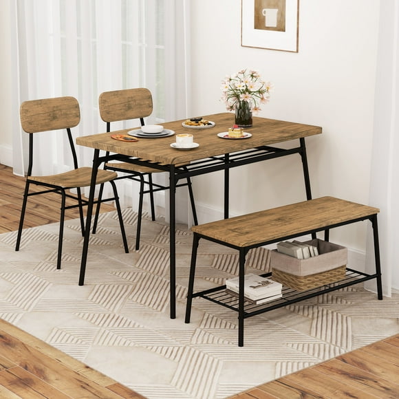 Gymax Dining Table Set for 4 Dining Room Kitchen Table w/ Bench 2 Chairs 4-Piece Set