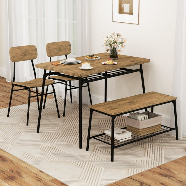 Gymax Ensemble de Table à Manger pour 4 Table de Salle à Manger de Cuisine avec Banc 2 Chaises Ensemble 4 Pcs