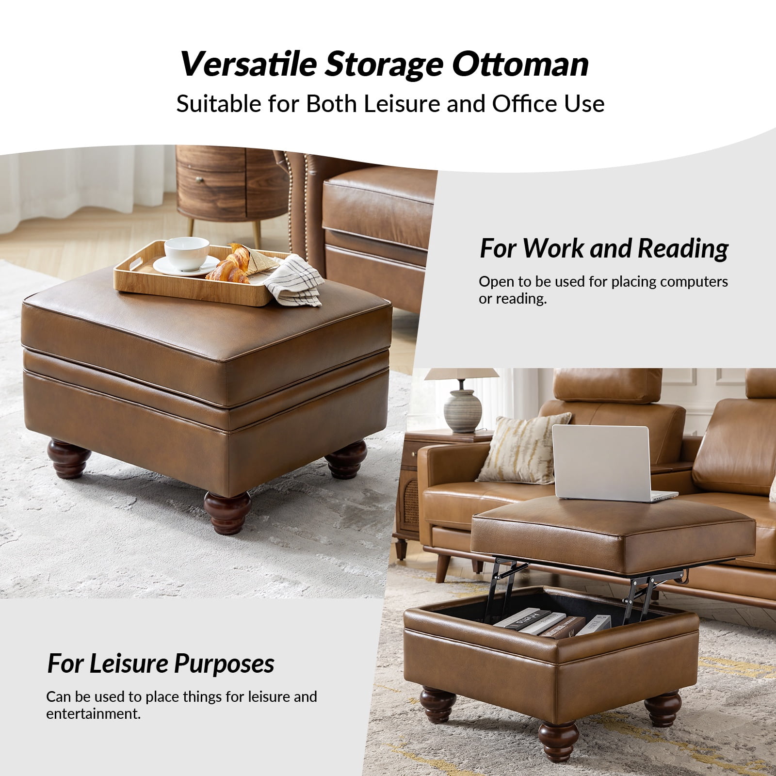 27" Square Ottoman Coffee Table Faux Leather Lift Top Storage Footrest Stool Bedroom Living Room Brown