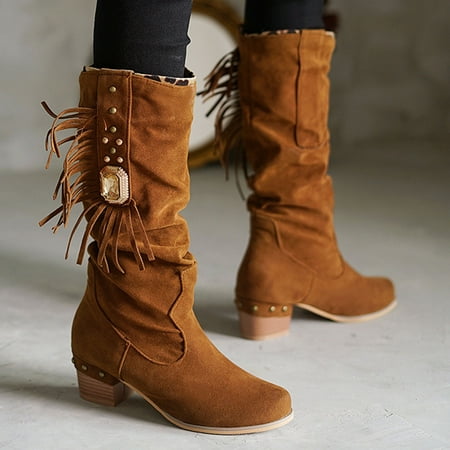 

Fringed Fashion Solid Boots Boots Color Thick Suede Rhinestone Women s Heel women s boots