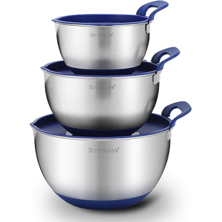 Stainless Steel Mixing Bowls: Stackable Mixing Bowl Set with Lids and Handles Non-slip Silicone Bottom Nesting Bowls for Kitchen Set of 3 - Blue