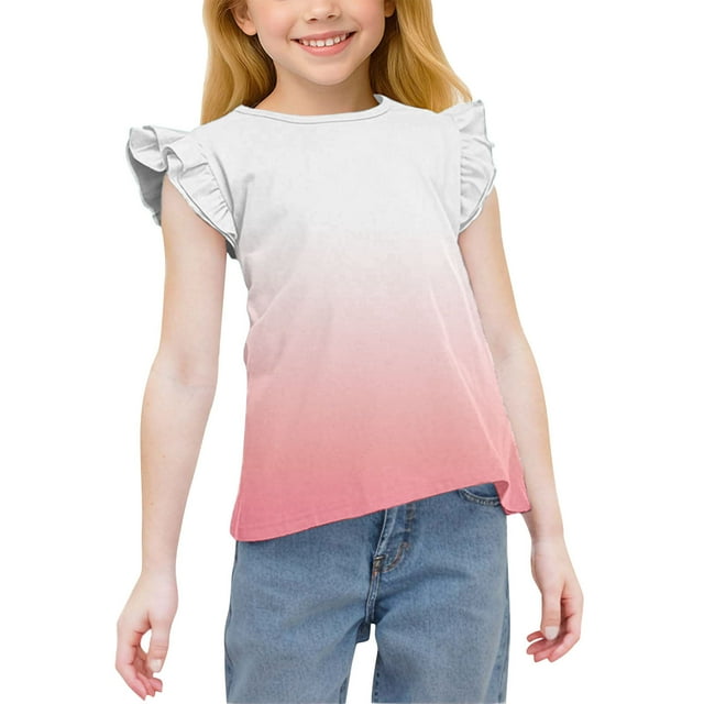 SROBPTY T-Shirts d'Été pour Filles, T-Shirts Décontractés à Manches à Volants Col Rond Rose 14 Ans