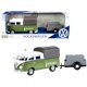thumbnail image 1 of Camioneta Volkswagen T1 Motormax 1/24 Diecast con toldo verde y blanco y remolque Road Service, 1 of 1