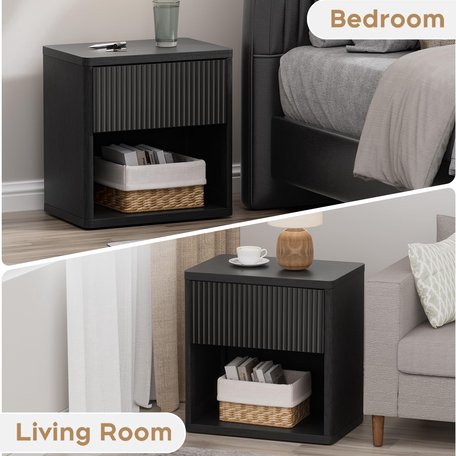 Brafab Mid Century Modern Nightstand Set of 2 with Hidden Drawers and Open Shelves, 22.8" W