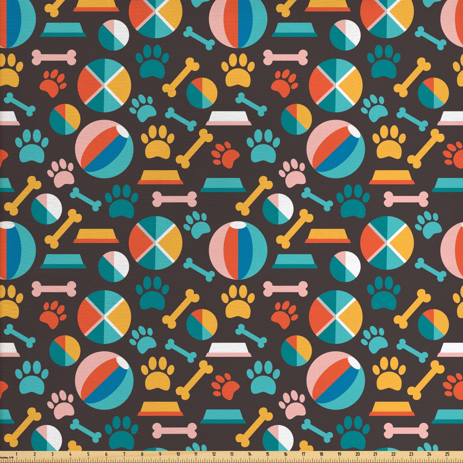 Dogs Fabric by The Yard, Pattern with Puppy Food Paw Traces Bowls and