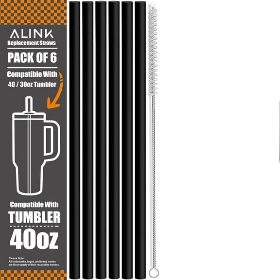 6 Pack Black Replacement Straws for 40 oz 30 oz Cup Tumbler, 12 inch Long Reusable Plastic Straws with Brush