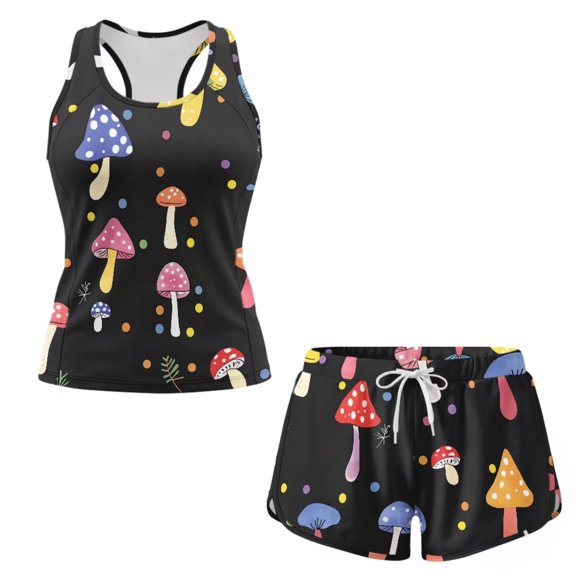 Chririnla Colorful Mushroom Dot Black Tankini Swimsuits with Shorts for Women Plus Size Modest Two Piece Tummy Control Swim Tank Top Athletic Swim Shorts with Pockets Swimwear for Beach