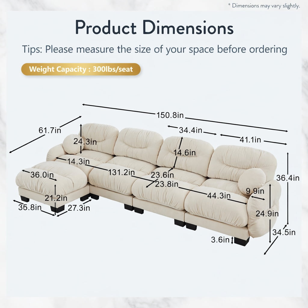 Hommoo Chenille 4-Seat L-Shaped Modular Sectional Sofa with Ottoman, Ergonomic High-Density Foam Cushions, Curved Armrests & 2 Round Throw Pillows, Pleated Back Design, Beige