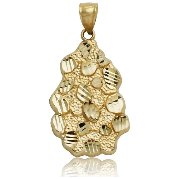 LOVEBLING 10K Yellow Gold Diamond Cut Nugget Charm Pendant (1.25" x 0.60")
