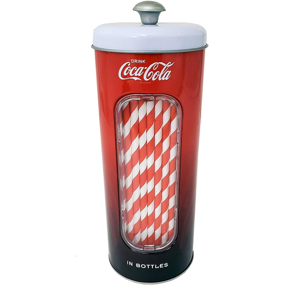 Coca Cola Straw Holder Tin with 20 Paper Straws Coca Cola, Red