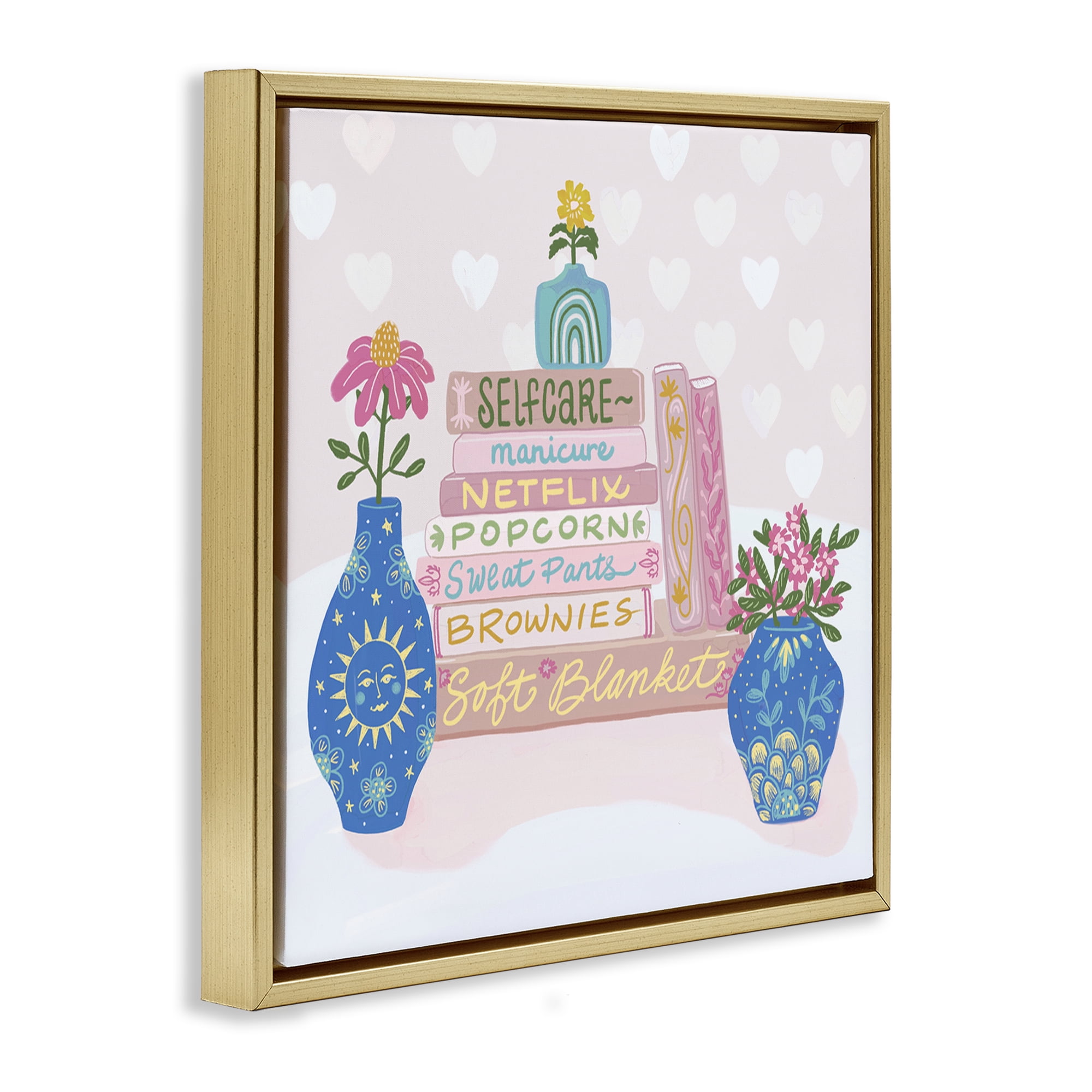 Stupell Industries Cozy Boho Self Care Books Gold Framed Floater Canvas Wall Art, design by Connie Summers