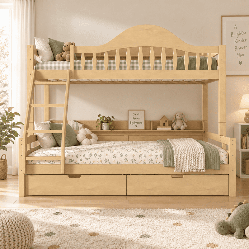 Twin Over Full Bunk Bed with 2 Storage Drawers, Solid Wood Kids Bunk Bed with Curved Guardrails, Side Storage Shelves and Ladder, No Box Spring Needed