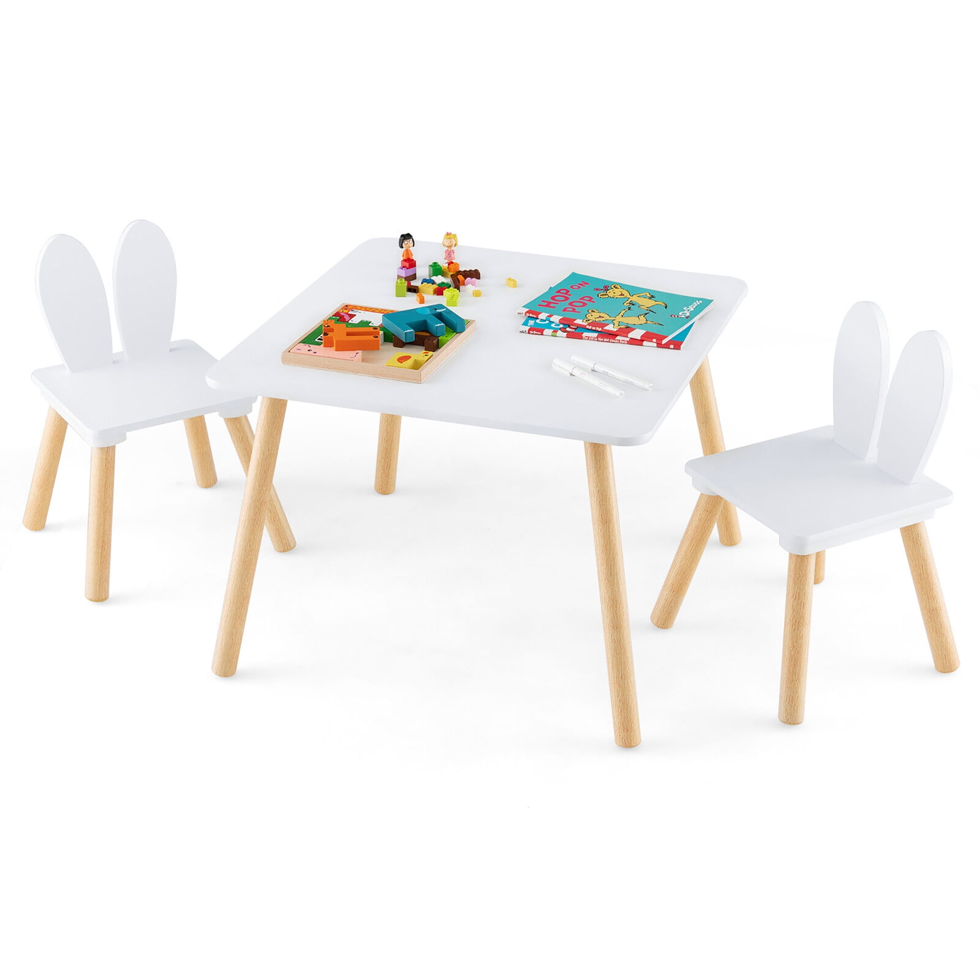 Gymax 3 Pieces Kids Table & Chairs Set Children Wooden Furniture Set w