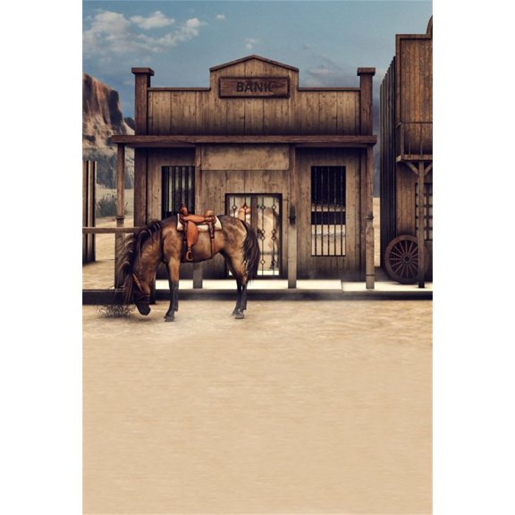 GreenDecor 5x7ft Vintage Bank Retro Wood Cabin Photography Studio Backdrops Old Barn Wild West Outdoor Horse Photo Shoot Background Cowboy Nostalgia V