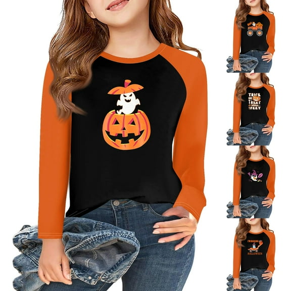 Drmagiyhm Girl's Halloween T-Shirts Size 10-12 Cute Crewneck Shirts Floral Print Fall Tops Casual Little Girl Long Sleeve Tees Black 7-8 Years