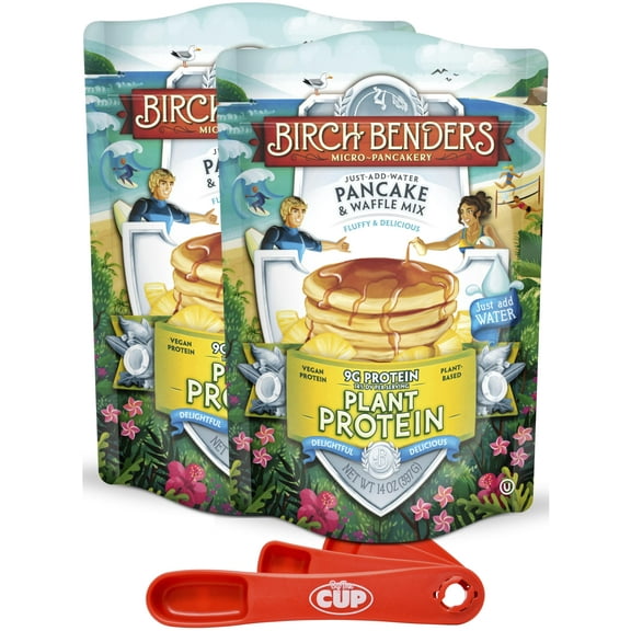 Birch Benders Plant Protein Pancake and Waffles Mix, 14oz (Pack of 2) with By The Cup Swivel Spoons