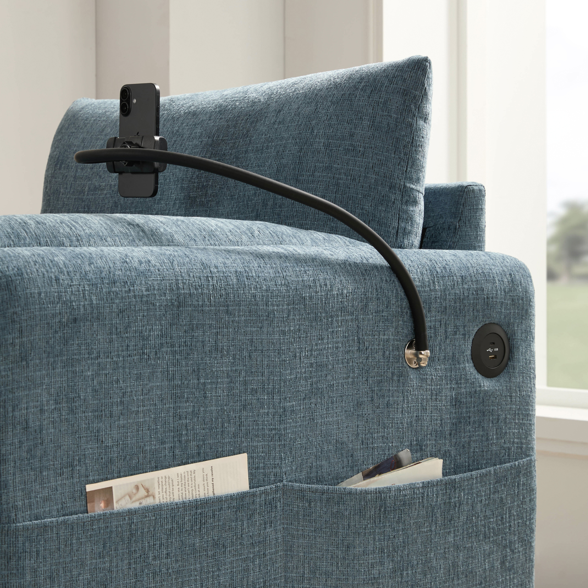 38" Accent Chair with Storage Ottoman, Single Sofa with USB Charger and Phone Holder, Wide Seat Chaise Lounge for Living Room&Apartment,Blue