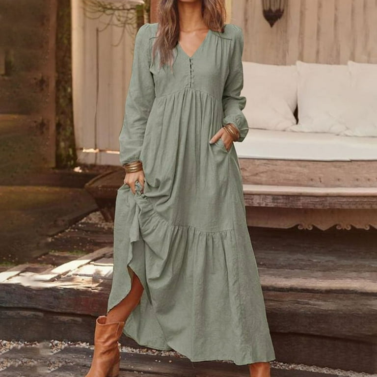 Jzuxvd Womens Cotton Linen Peasant Maxi Dresses Button Up Long Sleeve  Pleated Tiered Dress Vintage Flowy Swing Tunic Dress Light Gray XL -  Walmart.com