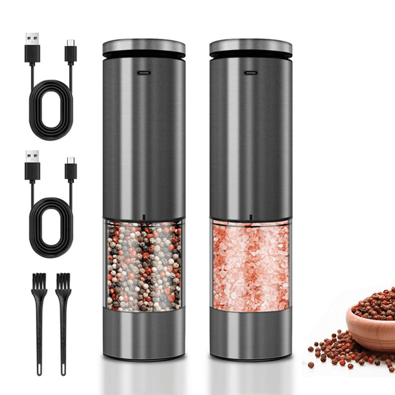 2 Pack Electric Salt and Pepper Grinder Set – USB Rechargeable Stainless Steel Mills with Adjustable Coarseness, LED Light, and One-Hand Operation for Kitchen