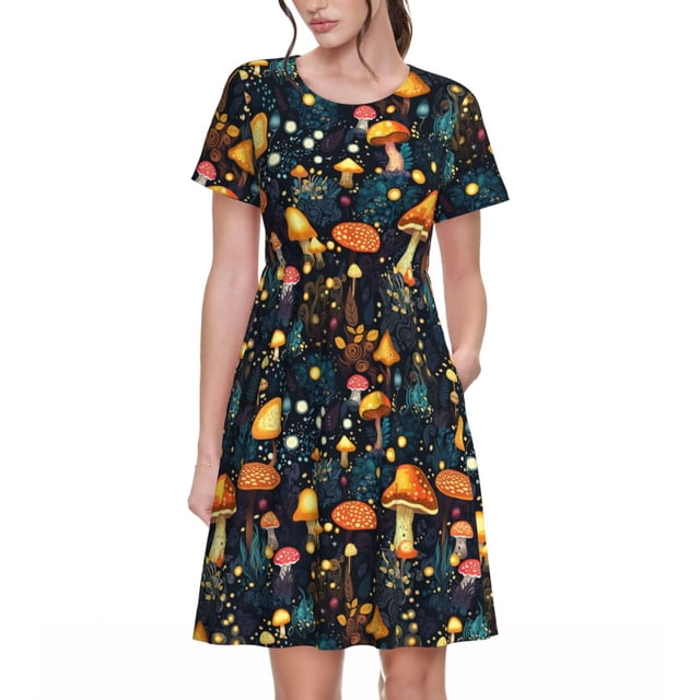 Fotbe Colorful Plants Mushroom Vestido Largo de Moda para Mujer, Vestido Tipo Camiseta con Manga Corta y Estilo Casual a Rayas y Bloques de Color